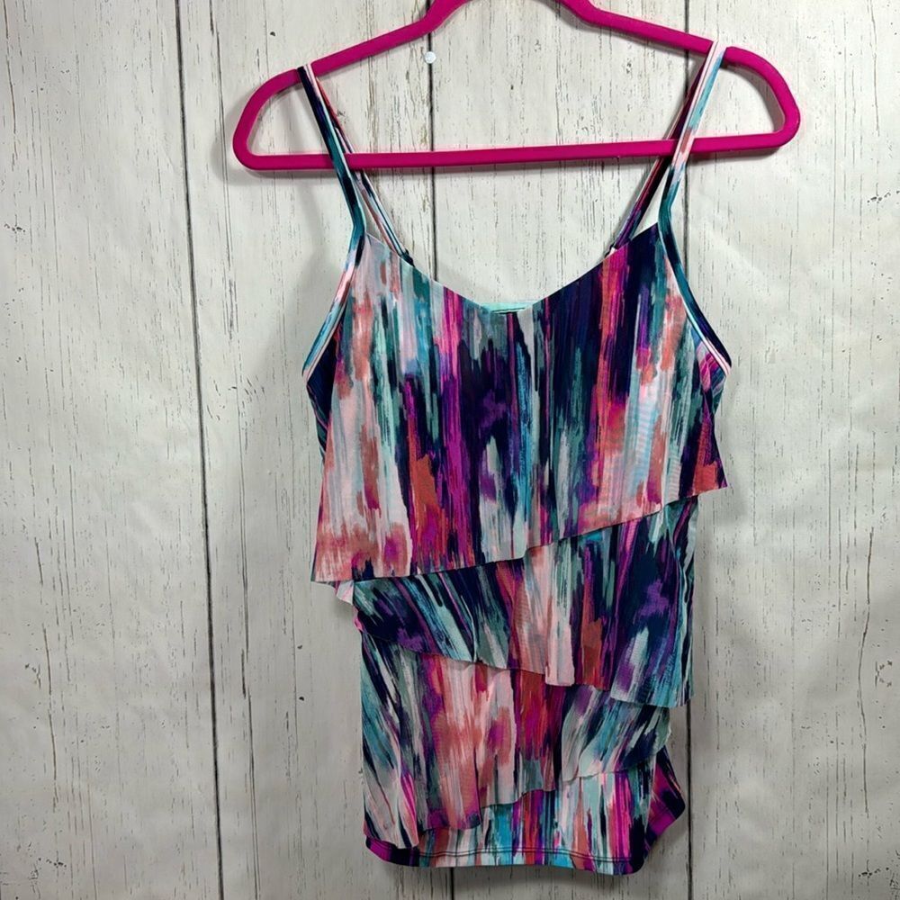 St. Tropez Swimwear Abstract Colorful Tiered Mesh Tankini Top Resortwear Size 8